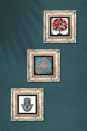 Yaşam Çiçeği, Nar Ağacı, Fatma Ana Eli (Hamsa) Taş Duvar Tablosu Çerçeveli Duvar Dekoru 3 Parça Tablo Seti Wall Art