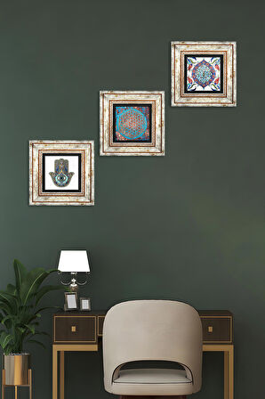 Yaşam Çiçeği, Çini Sanatı, Fatma Ana Eli (Hamsa) Taş Duvar Tablosu Çerçeveli Duvar Dekoru 3 Parça Tablo Seti Wall Art