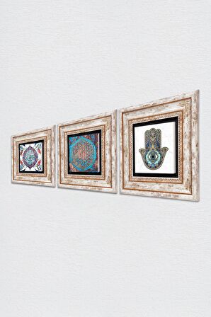 Yaşam Çiçeği, Çini Sanatı, Fatma Ana Eli (Hamsa) Taş Duvar Tablosu Çerçeveli Duvar Dekoru 3 Parça Tablo Seti Wall Art