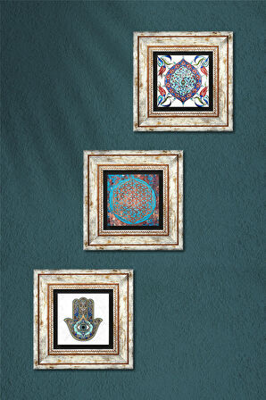 Yaşam Çiçeği, Çini Sanatı, Fatma Ana Eli (Hamsa) Taş Duvar Tablosu Çerçeveli Duvar Dekoru 3 Parça Tablo Seti Wall Art