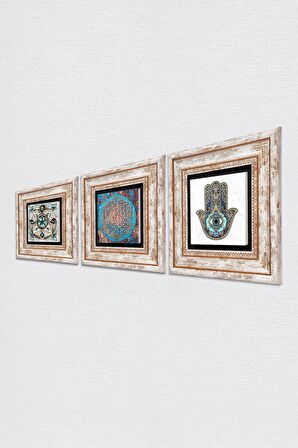 Yaşam Çiçeği, Çini Sanatı, Fatma Ana Eli (Hamsa) Taş Duvar Tablosu Çerçeveli Duvar Dekoru 3 Parça Tablo Seti Wall Art