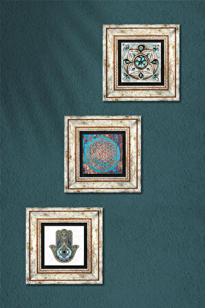 Yaşam Çiçeği, Çini Sanatı, Fatma Ana Eli (Hamsa) Taş Duvar Tablosu Çerçeveli Duvar Dekoru 3 Parça Tablo Seti Wall Art
