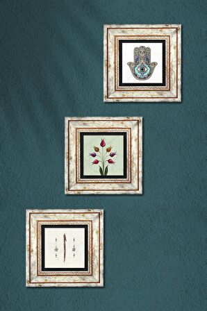 Lale Ebru Sanatı, Elif, Fatma Ana Eli (Hamsa) Taş Duvar Tablosu Çerçeveli Duvar Dekoru 3 Parça Tablo Seti Wall Art