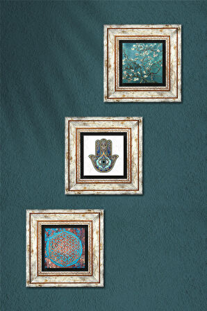 Yaşam Çiçeği, Van Gogh Badem Ağacı, Fatma Ana Eli (Hamsa) Taş Duvar Tablosu Çerçeveli Duvar Dekoru 3 Parça Tablo Seti Wall Art