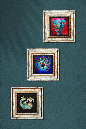 Fil, Hayat Ağacı, Şahmeran Taş Duvar Tablosu Çerçeveli Duvar Dekoru 3 Parça Tablo Seti Wall Art