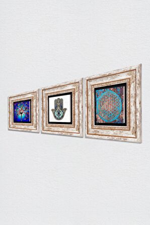 Yaşam Çiçeği, Hayat Ağacı, Fatma Ana Eli (Hamsa) Taş Duvar Tablosu Çerçeveli Duvar Dekoru 3 Parça Tablo Seti Wall Art