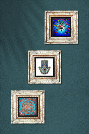 Yaşam Çiçeği, Hayat Ağacı, Fatma Ana Eli (Hamsa) Taş Duvar Tablosu Çerçeveli Duvar Dekoru 3 Parça Tablo Seti Wall Art