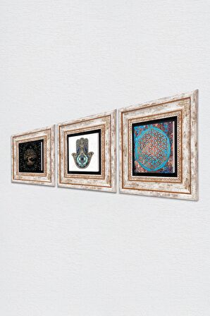 Yaşam Çiçeği, Hayat Ağacı, Fatma Ana Eli (Hamsa) Taş Duvar Tablosu Çerçeveli Duvar Dekoru 3 Parça Tablo Seti Wall Art