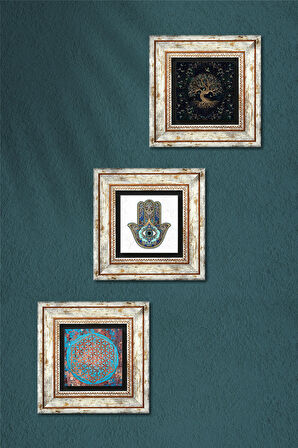 Yaşam Çiçeği, Hayat Ağacı, Fatma Ana Eli (Hamsa) Taş Duvar Tablosu Çerçeveli Duvar Dekoru 3 Parça Tablo Seti Wall Art