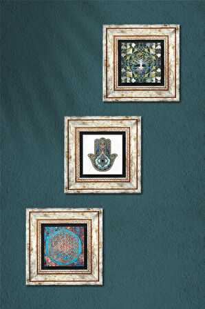 Hayat Ağacı, Yaşam Çiçeği, Fatma Ana Eli (Hamsa) Taş Duvar Tablosu Çerçeveli Duvar Dekoru 3 Parça Tablo Seti Wall Art