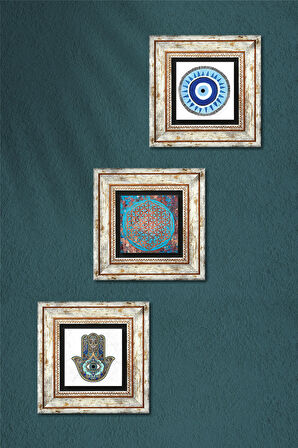Nazar, Yaşam Çiçeği, Fatma Ana Eli (Hamsa) Taş Duvar Tablosu Çerçeveli Duvar Dekoru 3 Parça Tablo Seti Wall Art