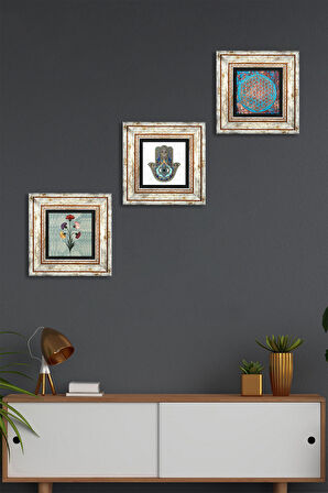 Ebru Sanatı, Yaşam Çiçeği, Fatma Ana Eli (Hamsa) Taş Duvar Tablosu Çerçeveli Duvar Dekoru 3 Parça Tablo Seti Wall Art