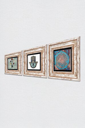 Ebru Sanatı, Yaşam Çiçeği, Fatma Ana Eli (Hamsa) Taş Duvar Tablosu Çerçeveli Duvar Dekoru 3 Parça Tablo Seti Wall Art