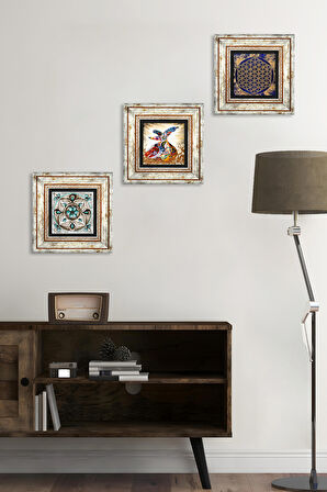 Yaşam Çiçeği, Çini Sanatı, Semazen Taş Duvar Tablosu Çerçeveli Duvar Dekoru 3 Parça Tablo Seti Wall Art