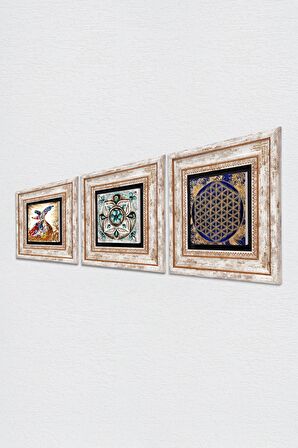 Yaşam Çiçeği, Çini Sanatı, Semazen Taş Duvar Tablosu Çerçeveli Duvar Dekoru 3 Parça Tablo Seti Wall Art