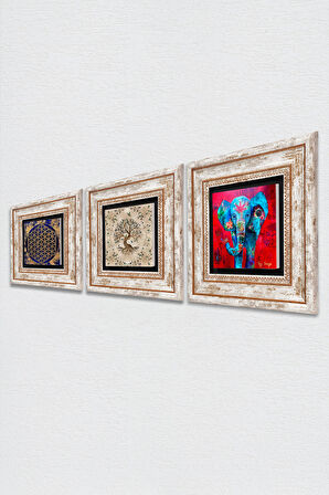 Fil, Yaşam Çiçeği, Hayat Ağacı Taş Duvar Tablosu Çerçeveli Duvar Dekoru 3 Parça Tablo Seti Wall Art