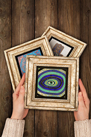 Mandala, Nazar, Yaşam Çiçeği Taş Duvar Tablosu Çerçeveli Duvar Dekoru 3 Parça Tablo Seti Wall Art