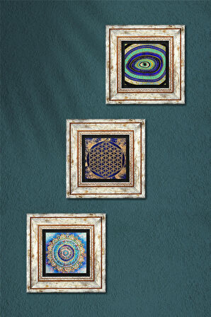 Mandala, Nazar, Yaşam Çiçeği Taş Duvar Tablosu Çerçeveli Duvar Dekoru 3 Parça Tablo Seti Wall Art