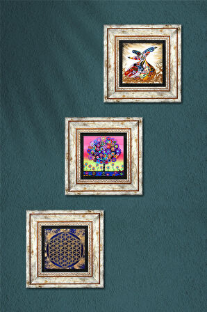 Yaşam Çiçeği, Karla Gerard Hayat Ağacı, Semazen Taş Duvar Tablosu Çerçeveli Duvar Dekoru 3 Parça Tablo Seti Wall Art