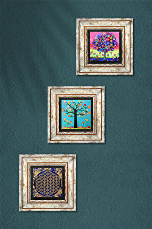 Yaşam Çiçeği, Karla Gerard Hayat Ağacı Taş Duvar Tablosu Çerçeveli Duvar Dekoru 3 Parça Tablo Seti Wall Art