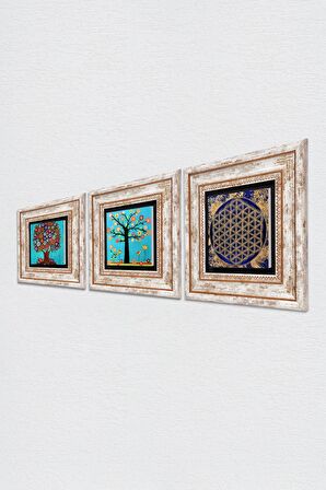 Yaşam Çiçeği, Karla Gerard Hayat Ağacı Taş Duvar Tablosu Çerçeveli Duvar Dekoru 3 Parça Tablo Seti Wall Art