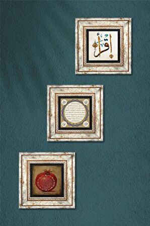 İlk Ayet 'Oku', Hilye-i Şerif, Bereket Duası Taş Duvar Tablosu Çerçeveli Duvar Dekoru 3 Parça Tablo Seti Wall Art