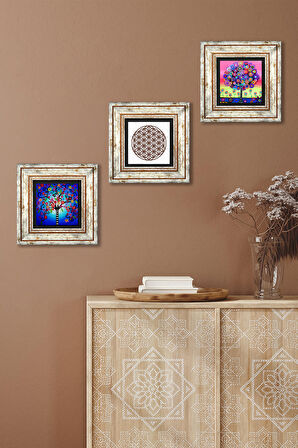 Yaşam Çiçeği, Hayat Ağacı Taş Duvar Tablosu Çerçeveli Duvar Dekoru 3 Parça Tablo Seti Wall Art