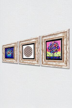 Yaşam Çiçeği, Hayat Ağacı Taş Duvar Tablosu Çerçeveli Duvar Dekoru 3 Parça Tablo Seti Wall Art