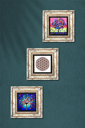 Yaşam Çiçeği, Hayat Ağacı Taş Duvar Tablosu Çerçeveli Duvar Dekoru 3 Parça Tablo Seti Wall Art