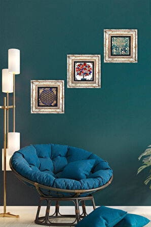 Yaşam Çiçeği, Hayat Ağacı, Nar Ağacı Taş Duvar Tablosu Çerçeveli Duvar Dekoru 3 Parça Tablo Seti Wall Art