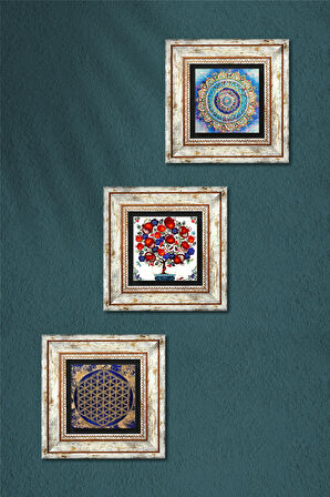 Mandala, Yaşam Çiçeği, Nar Ağacı Taş Duvar Tablosu Çerçeveli Duvar Dekoru 3 Parça Tablo Seti Wall Art
