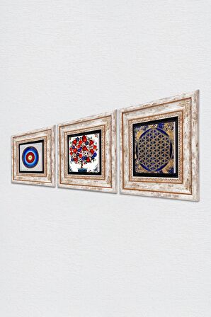 Nazar, Yaşam Çiçeği, Nar Ağacı Taş Duvar Tablosu Çerçeveli Duvar Dekoru 3 Parça Tablo Seti Wall Art