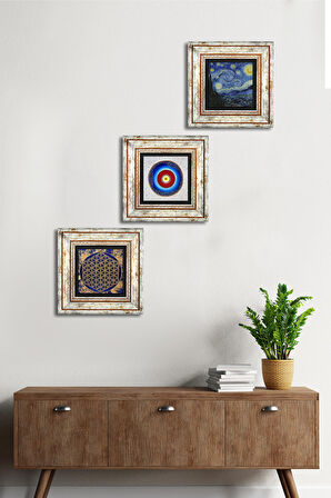 Nazar, Yaşam Çiçeği, Van Gogh Yıldızlı Gece Taş Duvar Tablosu Çerçeveli Duvar Dekoru 3 Parça Tablo Seti Wall Art