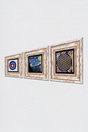 Nazar, Yaşam Çiçeği, Van Gogh Yıldızlı Gece Taş Duvar Tablosu Çerçeveli Duvar Dekoru 3 Parça Tablo Seti Wall Art
