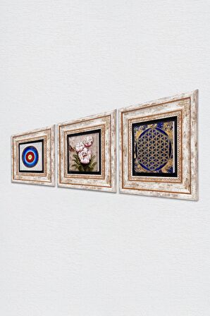 Nazar, Yaşam Çiçeği, Kelebekli Çiçek Taş Duvar Tablosu Çerçeveli Duvar Dekoru 3 Parça Tablo Seti Wall Art