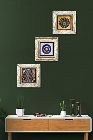 Nazar, Yaşam Çiçeği Taş Duvar Tablosu Çerçeveli Duvar Dekoru 3 Parça Tablo Seti Wall Art