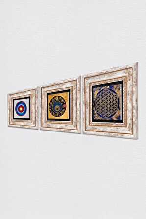 Nazar, Yaşam Çiçeği Taş Duvar Tablosu Çerçeveli Duvar Dekoru 3 Parça Tablo Seti Wall Art