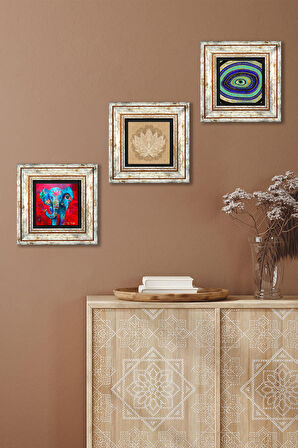 Fil, Nazar, Lotus Çiçeği Taş Duvar Tablosu Çerçeveli Duvar Dekoru 3 Parça Tablo Seti Wall Art