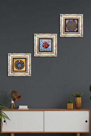 Yaşam Çiçeği, Nazar Boncuğu, Nar Taş Duvar Tablosu Çerçeveli Duvar Dekoru 3 Parça Tablo Seti Wall Art