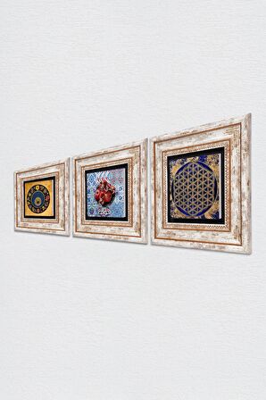 Yaşam Çiçeği, Nazar Boncuğu, Nar Taş Duvar Tablosu Çerçeveli Duvar Dekoru 3 Parça Tablo Seti Wall Art