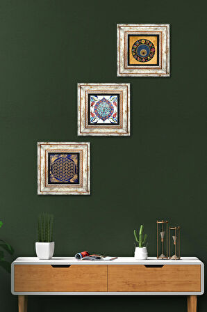 Yaşam Çiçeği, Nazar Boncuğu, Çini Sanatı Taş Duvar Tablosu Çerçeveli Duvar Dekoru 3 Parça Tablo Seti Wall Art