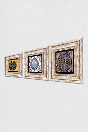 Yaşam Çiçeği, Nazar Boncuğu, Çini Sanatı Taş Duvar Tablosu Çerçeveli Duvar Dekoru 3 Parça Tablo Seti Wall Art