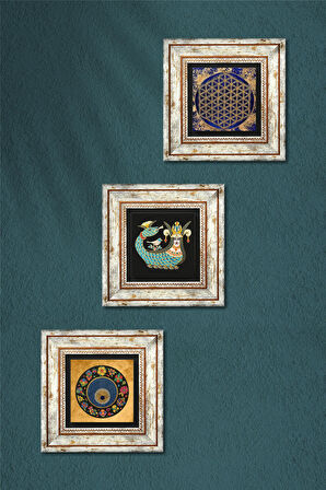 Yaşam Çiçeği, Nazar Boncuğu, Şahmeran Taş Duvar Tablosu Çerçeveli Duvar Dekoru 3 Parça Tablo Seti Wall Art