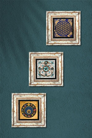 Yaşam Çiçeği, Nazar Boncuğu, Çini Sanatı Taş Duvar Tablosu Çerçeveli Duvar Dekoru 3 Parça Tablo Seti Wall Art