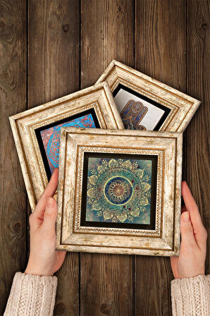 Mandala Taş Duvar Tablosu Çerçeveli Duvar Dekoru 3 Parça Tablo Seti Wall Art