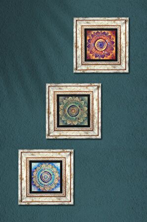 Mandala Taş Duvar Tablosu Çerçeveli Duvar Dekoru 3 Parça Tablo Seti Wall Art