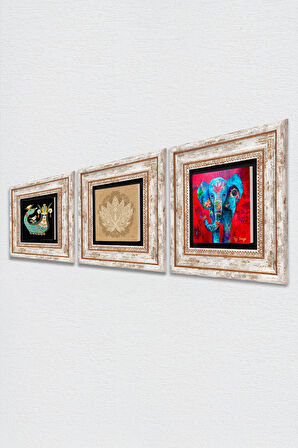 Fil, Lotus Çiçeği, Şahmeran Taş Duvar Tablosu Çerçeveli Duvar Dekoru 3 Parça Tablo Seti Wall Art