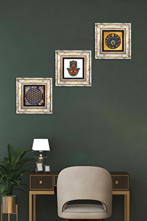 Yaşam Çiçeği, Fatma Ana Eli (Hamsa), Nazar Taş Duvar Tablosu Çerçeveli Duvar Dekoru 3 Parça Tablo Seti Wall Art