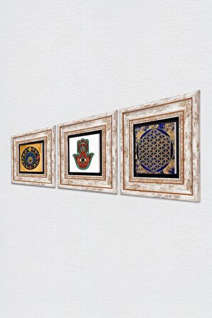 Yaşam Çiçeği, Fatma Ana Eli (Hamsa), Nazar Taş Duvar Tablosu Çerçeveli Duvar Dekoru 3 Parça Tablo Seti Wall Art