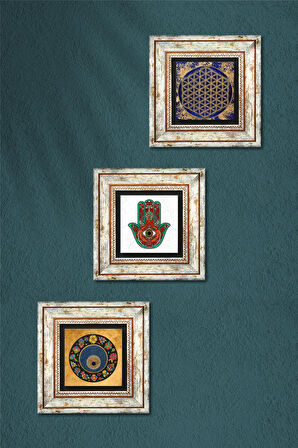 Yaşam Çiçeği, Fatma Ana Eli (Hamsa), Nazar Taş Duvar Tablosu Çerçeveli Duvar Dekoru 3 Parça Tablo Seti Wall Art